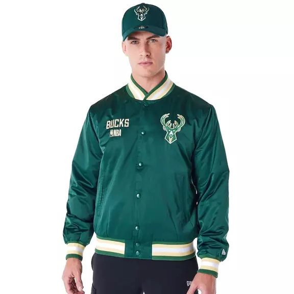 New Era NBA Milwaukee Bucks Satin Bomber Jacket "Dark Green"