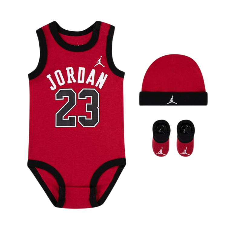 Jordan Infants J23 Jersey/hat/bodysuit/bootie 3 Piece Set (0-6M) "Gym Red"