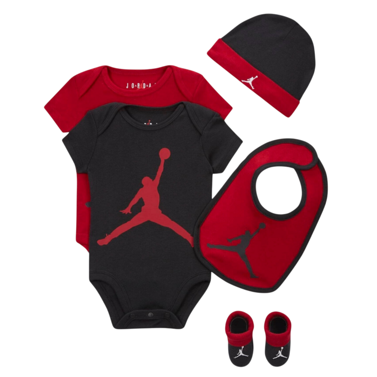 Jordan JHN Jumpman Infants Hat/Bodysuit/Bootie and Bid 5-Pc Set "Red-Black"