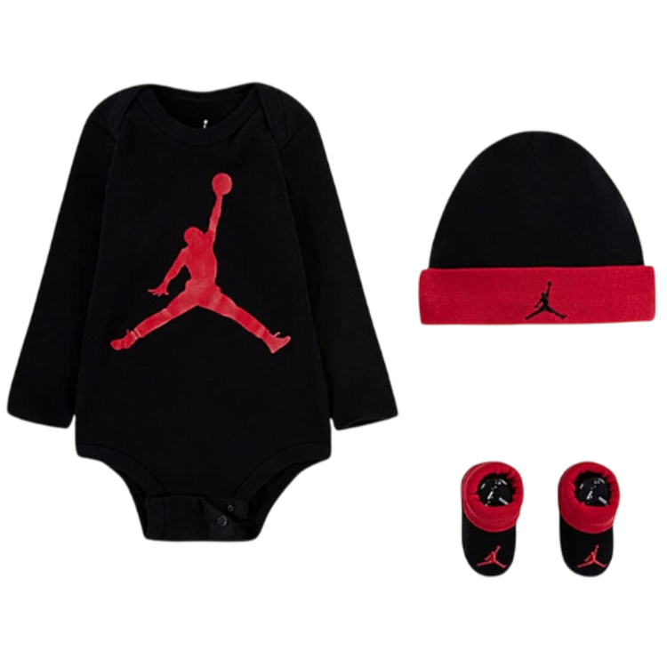 Jordan JHN Jumpman Infants Hat/Bodysuit long sleeve/Bootie Set 3pc "Black Red"