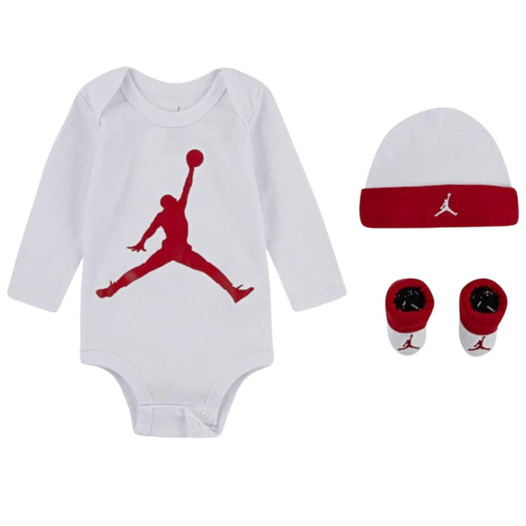 Jordan JHN Jumpman Infants Hat/Bodysuit long sleeve/Bootie Set 3pc "White Red"