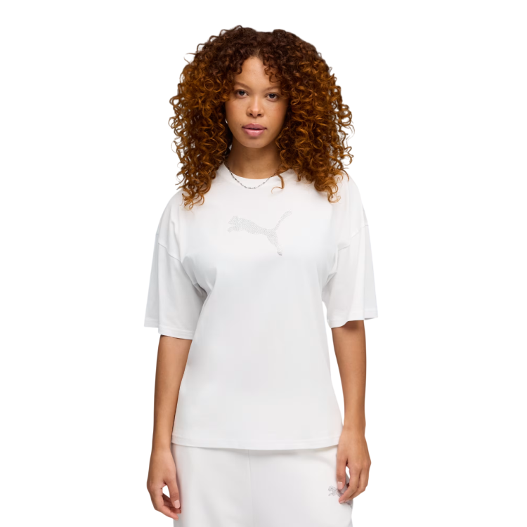 Puma ESS GRAPHICS LEO LUXE Bedazzled Oversized Tee "White"