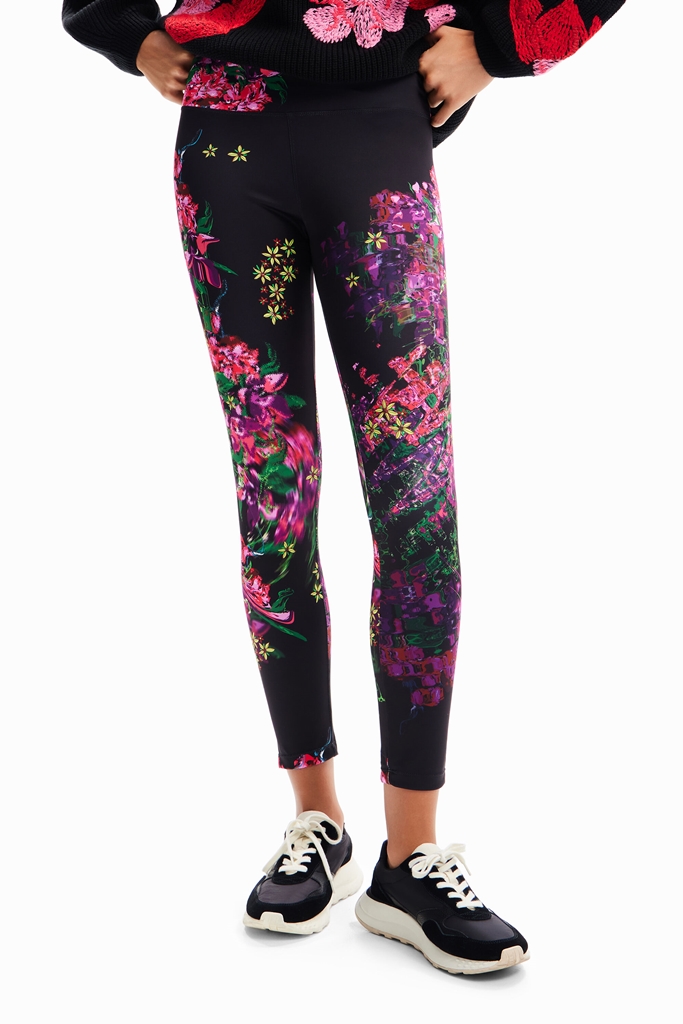 Desigual Leggings Donna Nero Con Stampa Floreale Casual (IT 44